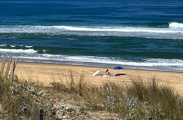 Plage et océan de Seignosse vus depuis les dunes par temps clair.