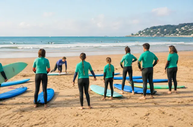 Groupe familial d'école de surf à Hendaye préparant des planches en mousse sur le sable avant un cours.