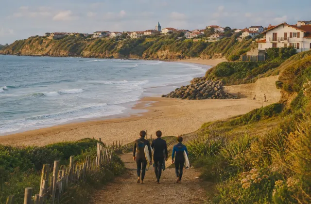 Surfeurs descendant vers une plage de Bidart sous les falaises et les toits du village.