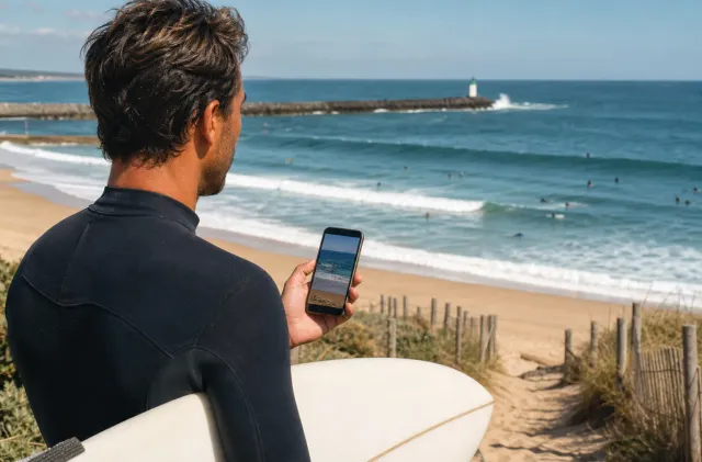 Surfeur vérifiant les conditions de vagues à Capbreton sur un téléphone au-dessus de la plage de Santocha.