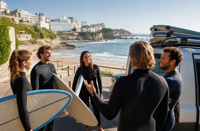 Petit groupe d'école de surf avec planches près d'un point de rendez-vous plage à Biarritz.