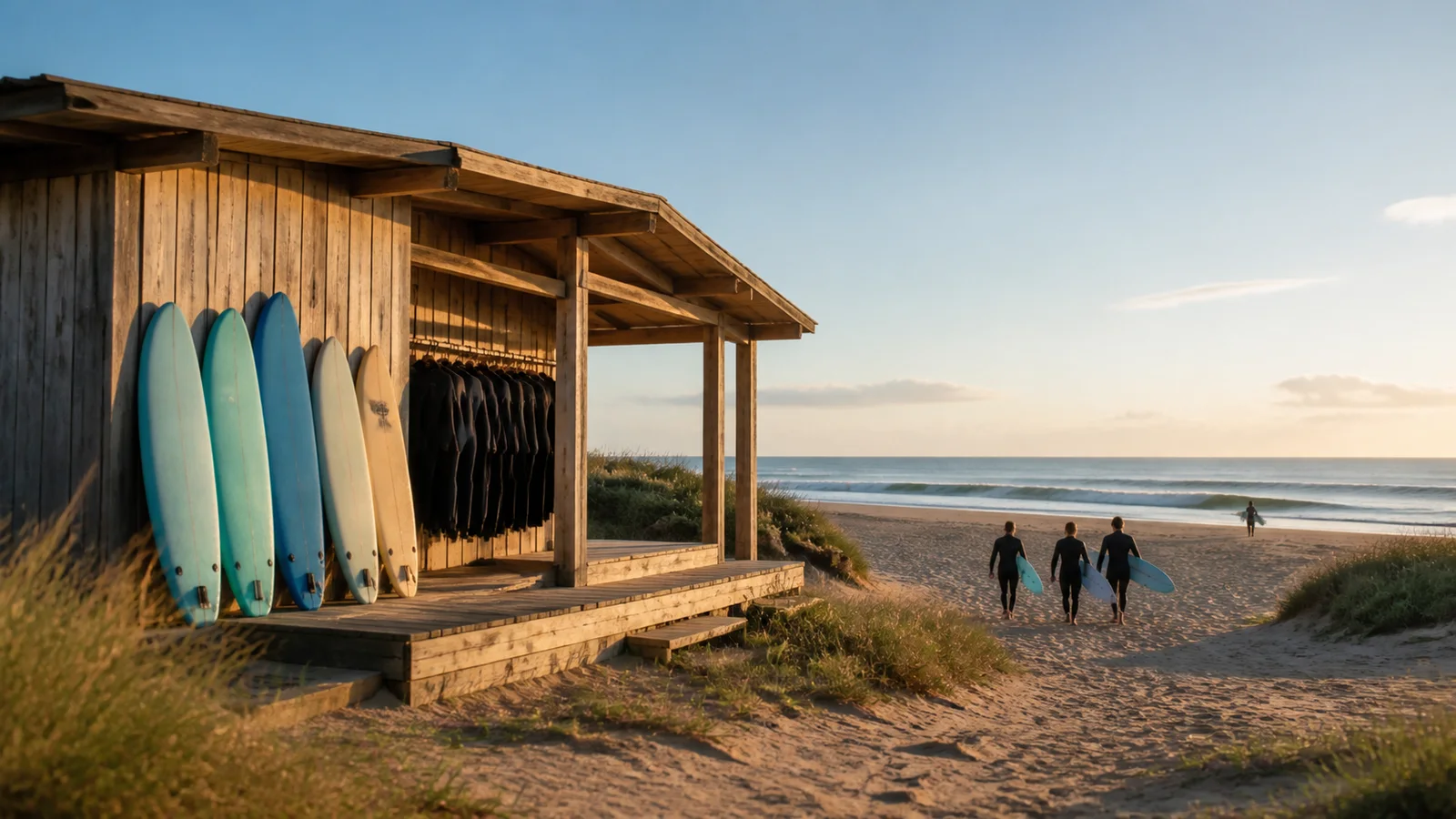 Cabane en bois d'une école de surf avec planches pour débutants et combinaisons sur une plage atlantique.